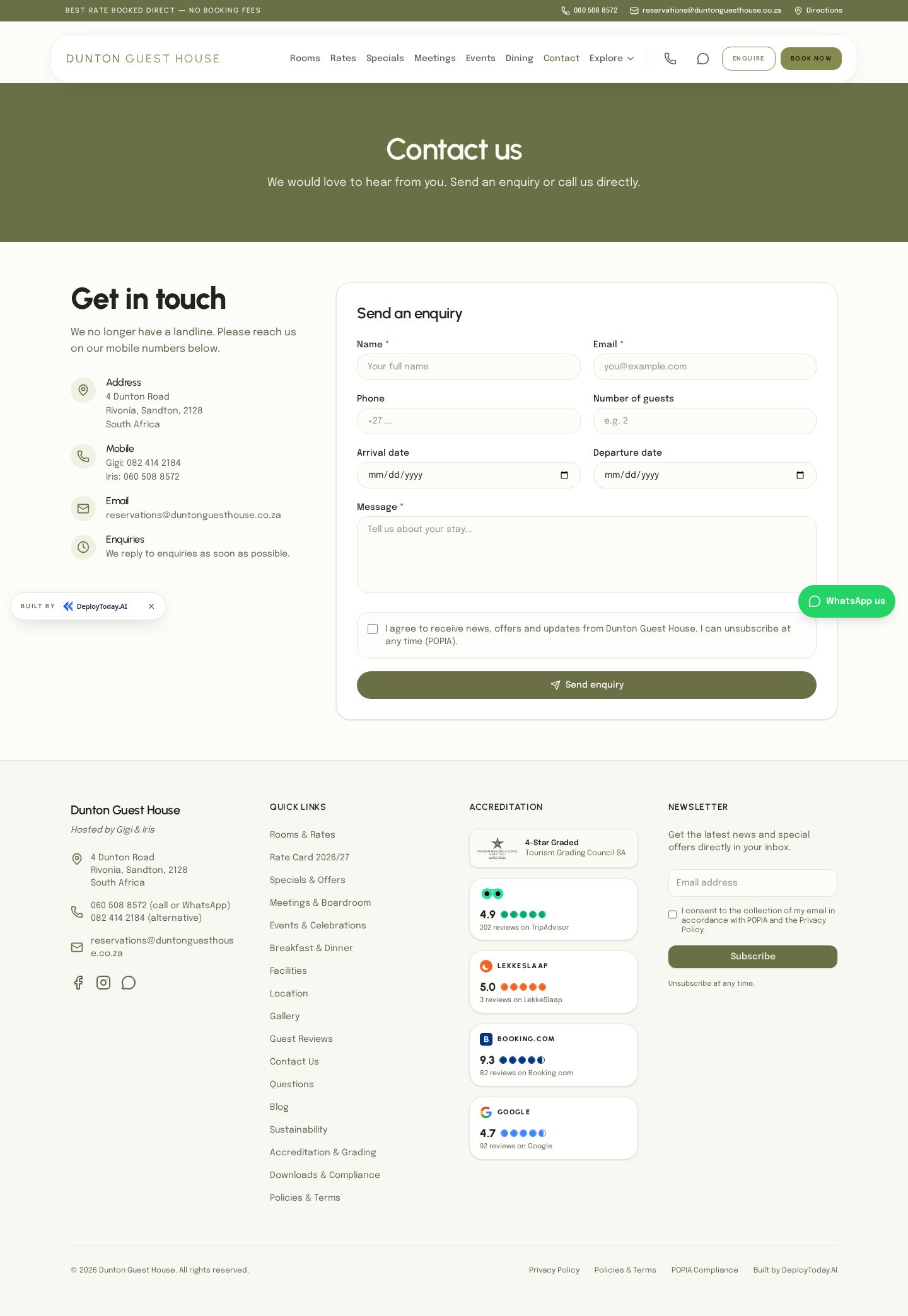 The new contact page with call, WhatsApp and booking routes