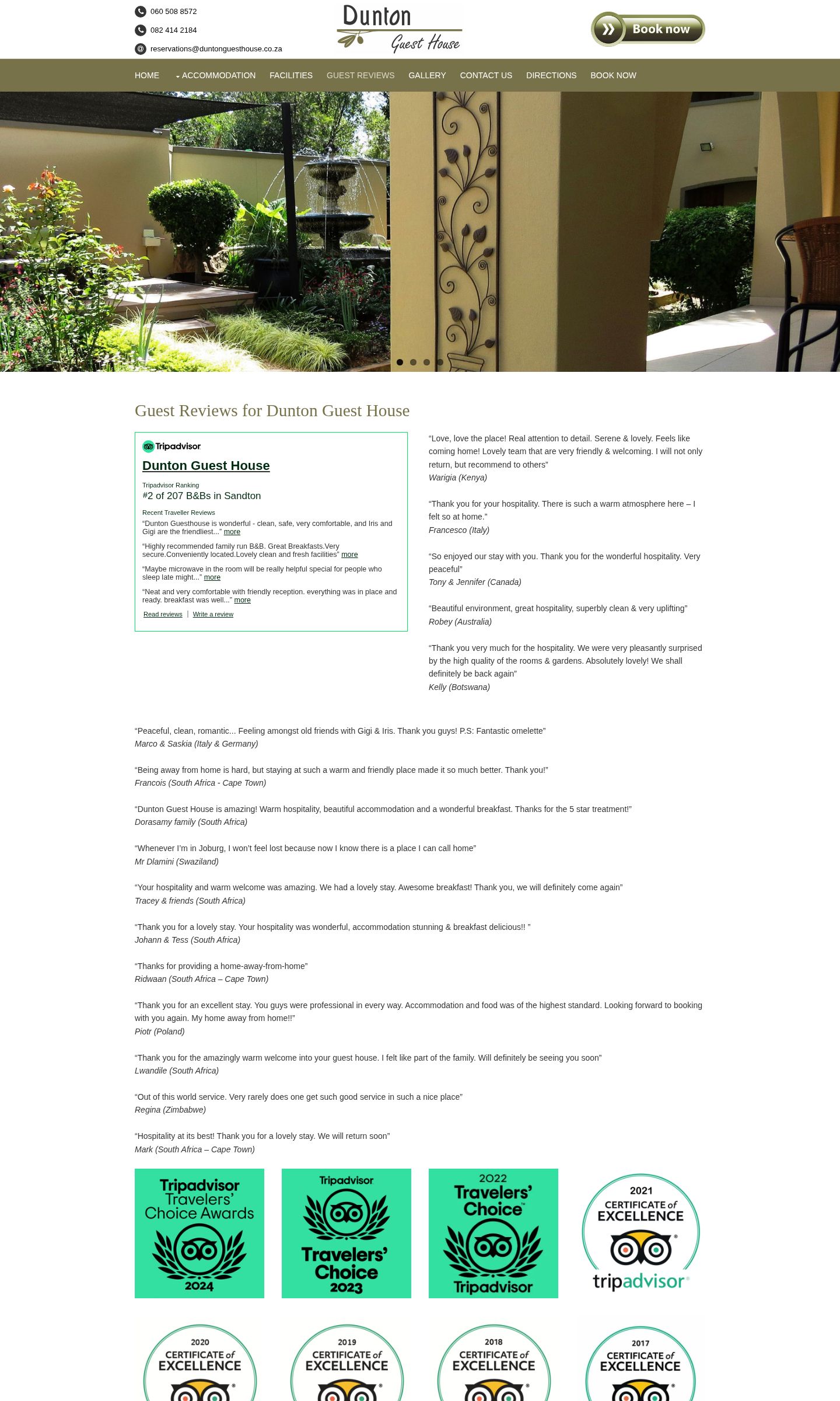 The original reviews page with a wall of dated award badges