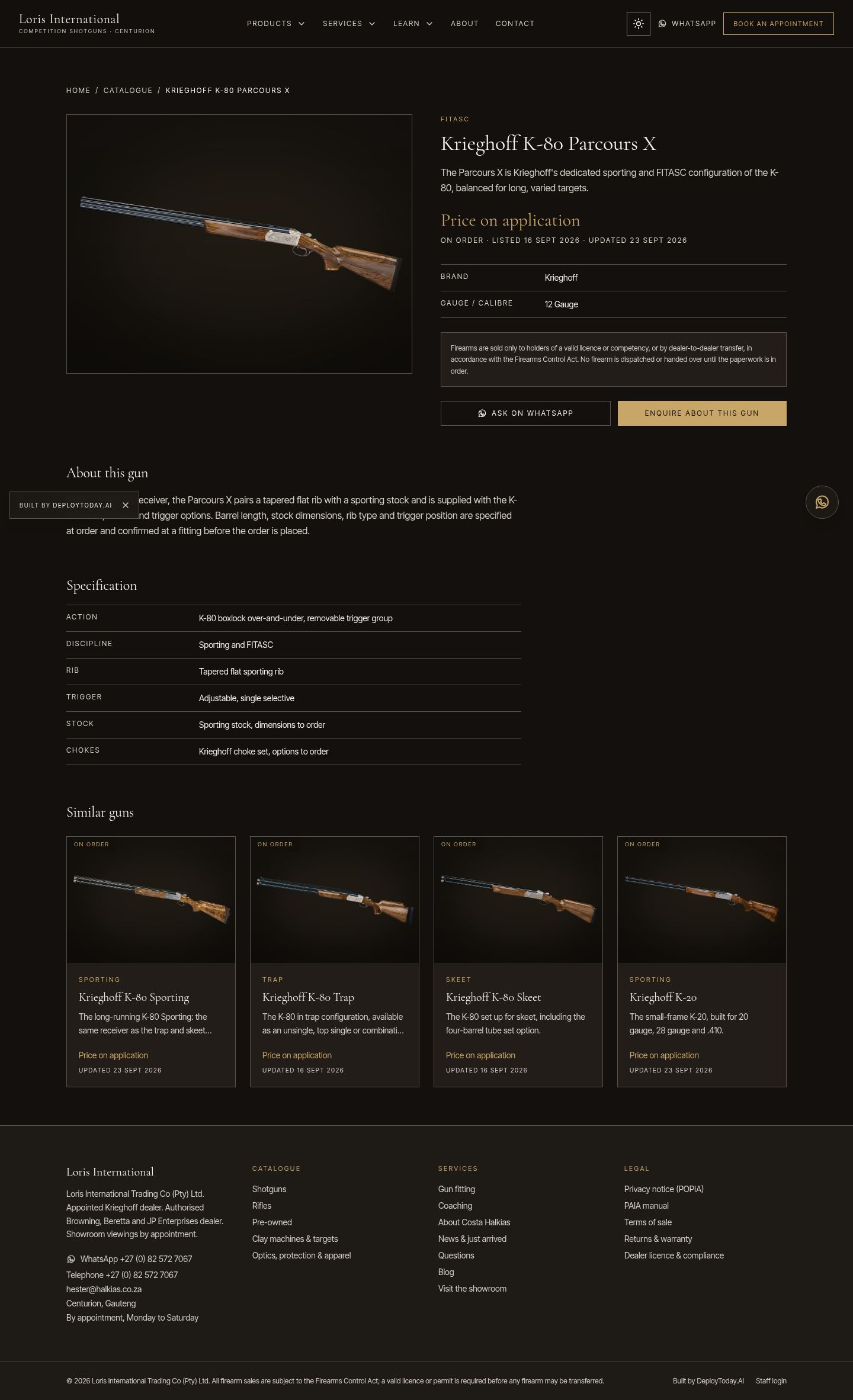 The new Krieghoff K-80 Parcours X page with enquiry buttons
