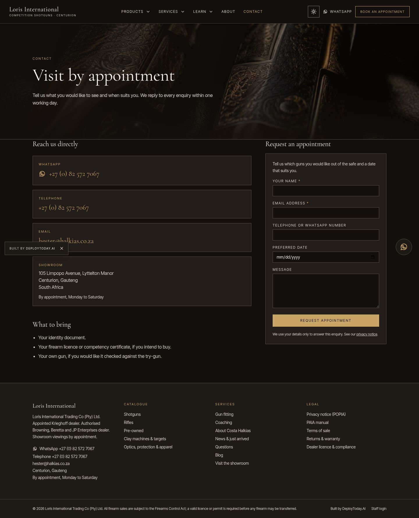 The new contact page with WhatsApp, phone and appointment form