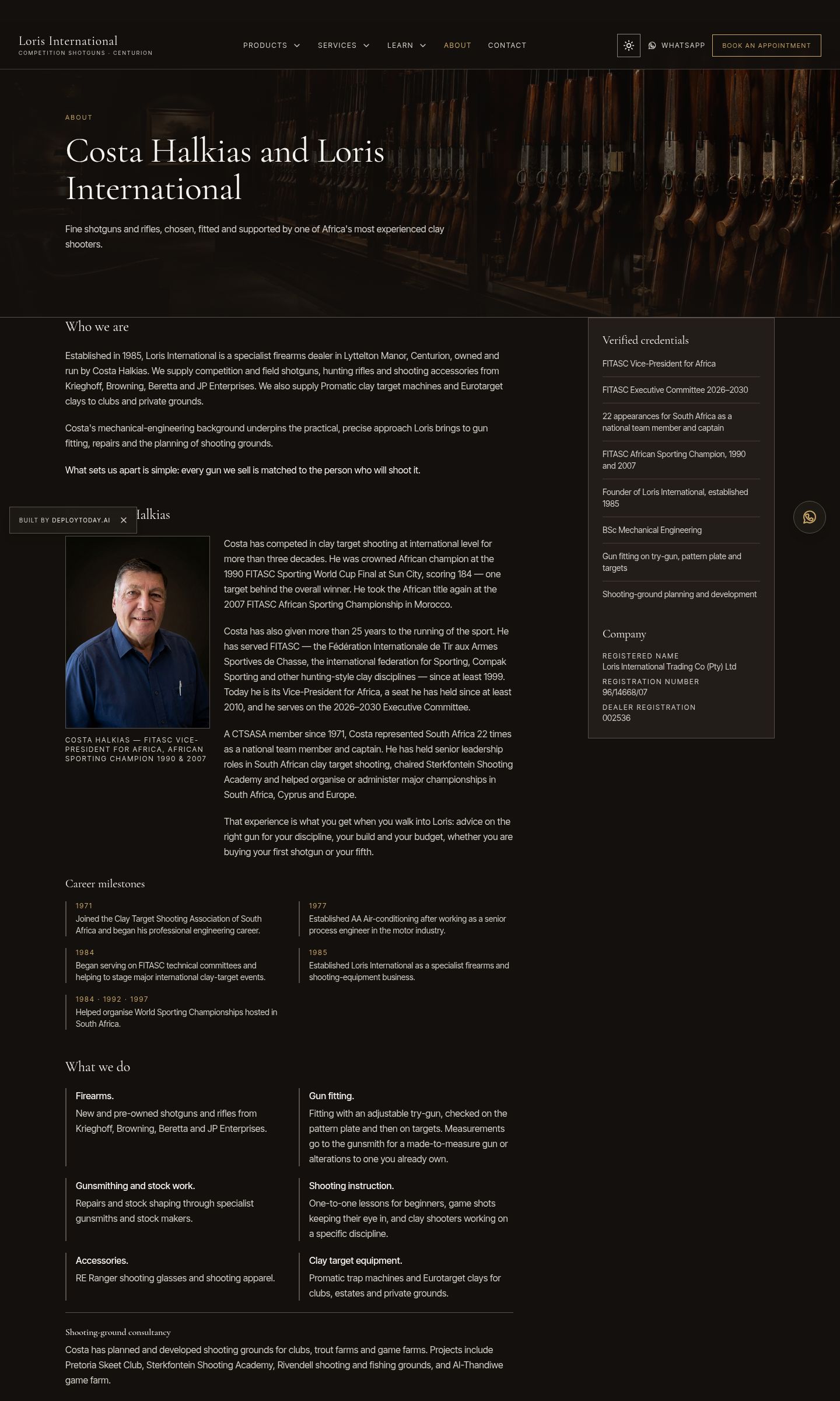 The new About page listing Costa Halkias's credentials