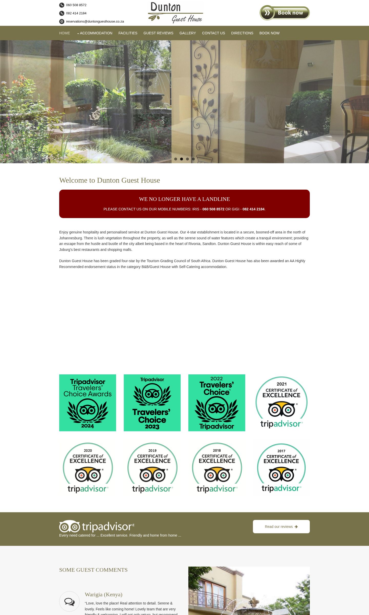 The original Dunton Guest House home page opening on a red banner about the landline
