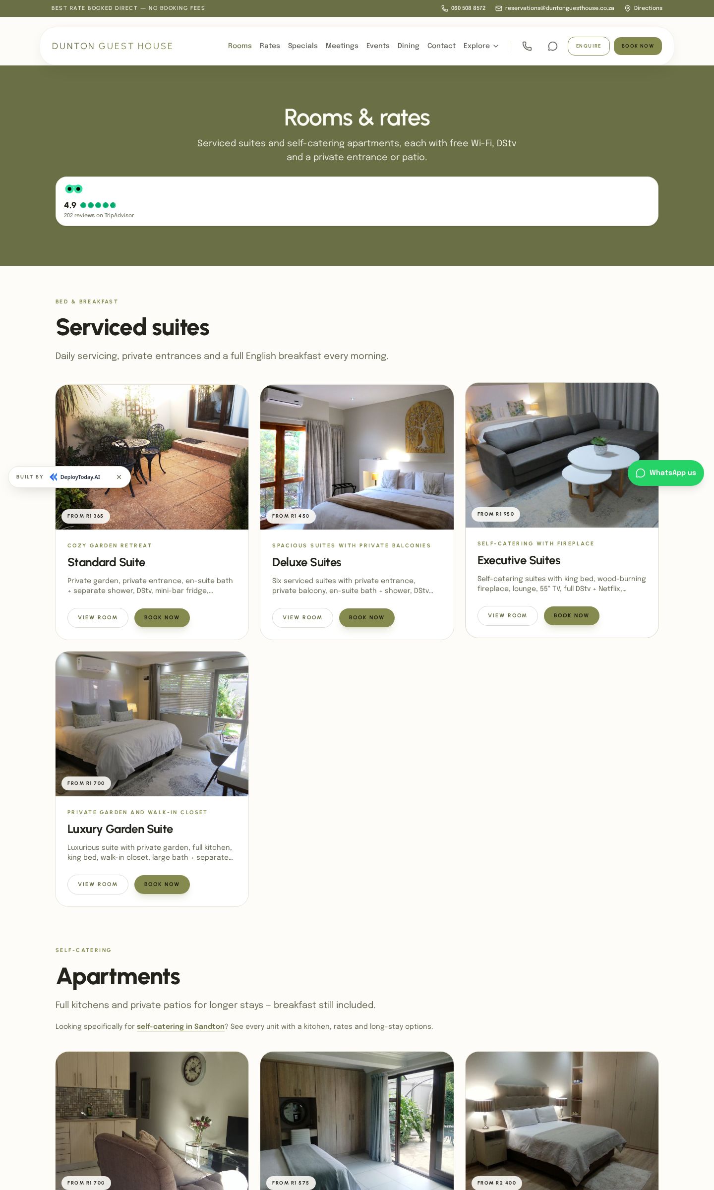 The new rooms page with eight named room types and from-rates