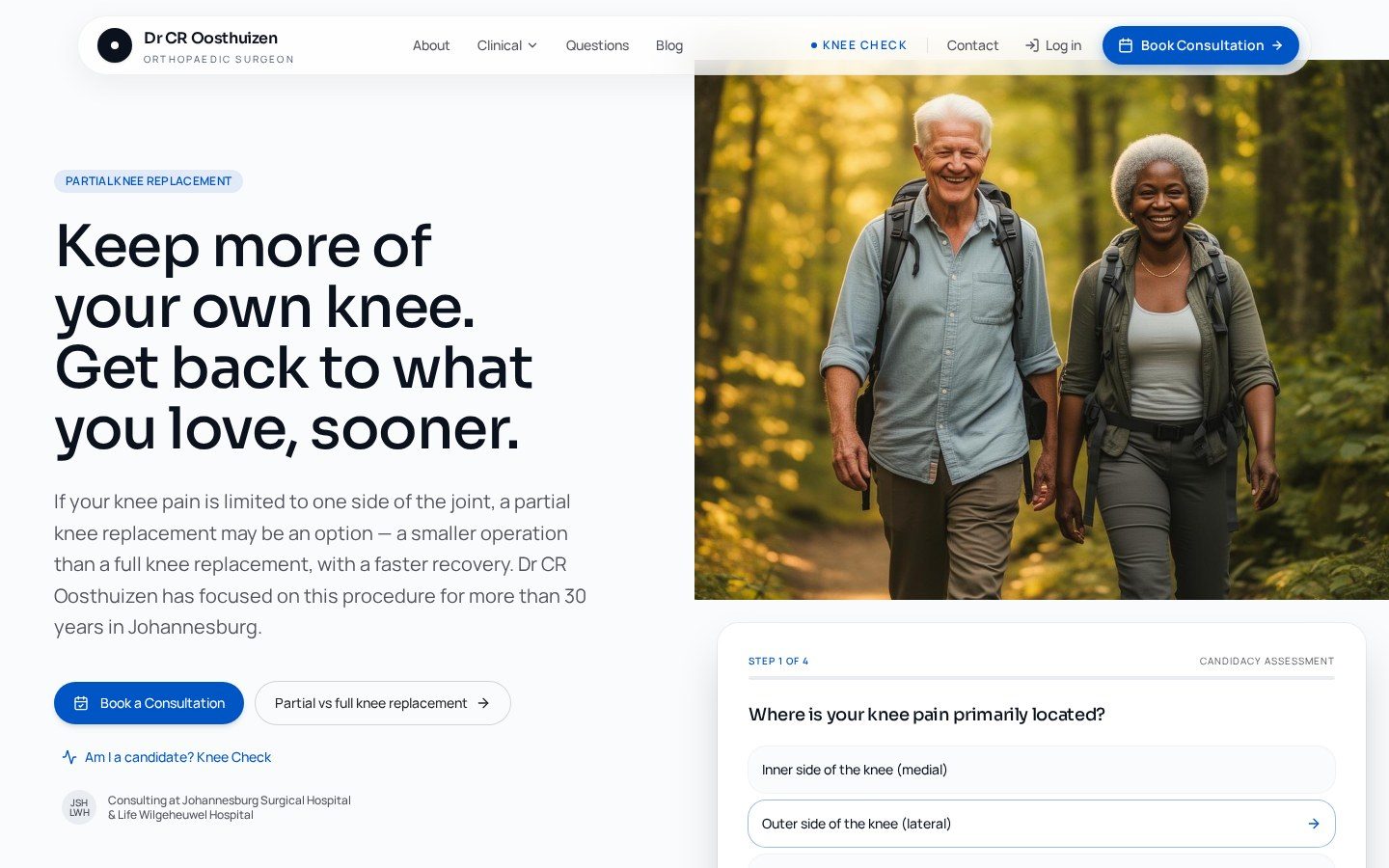 The new home page leading with a patient headline and a candidacy self-check