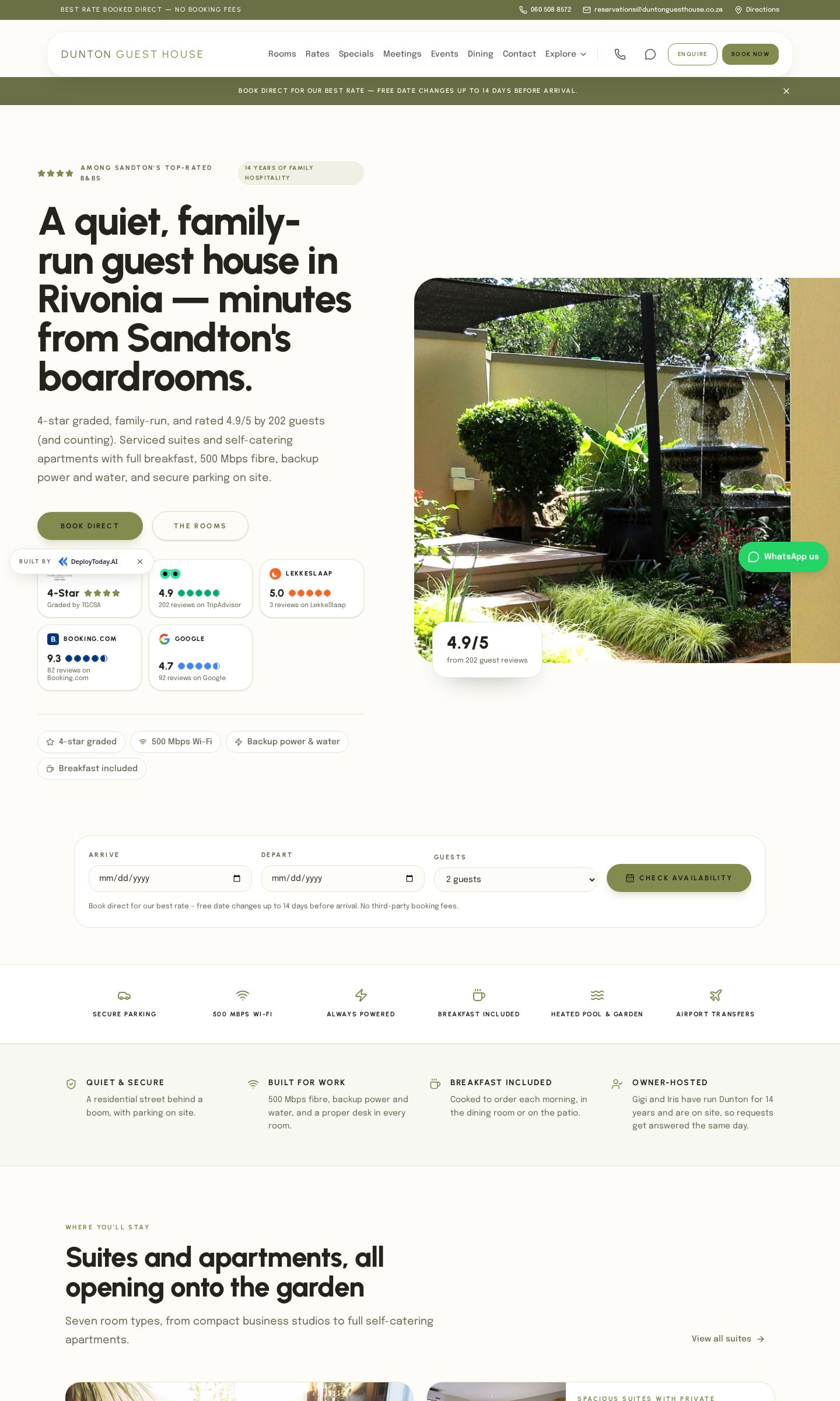 The new home page leading with the Rivonia positioning line, guest ratings and a date picker