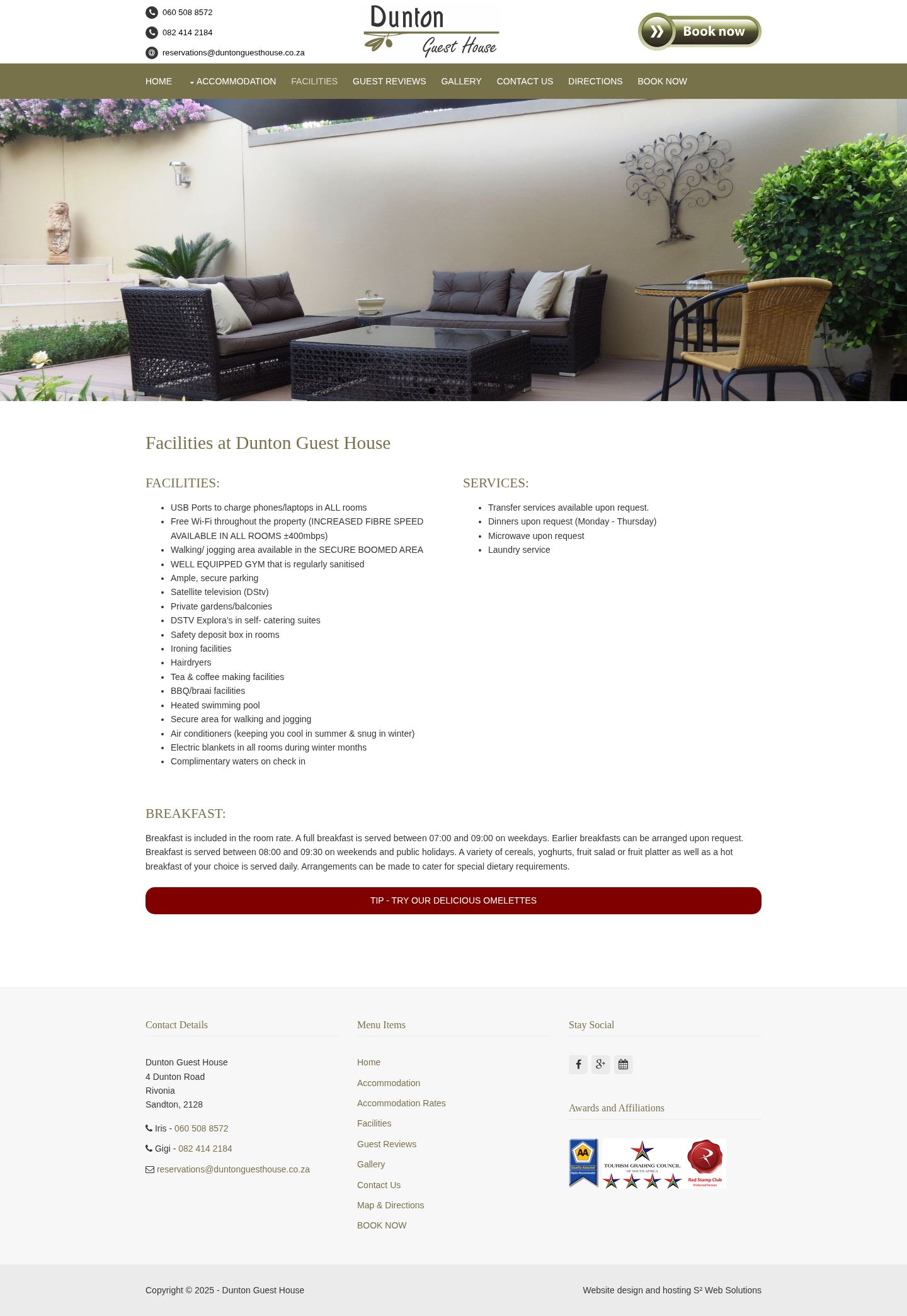 The original facilities page as a plain list