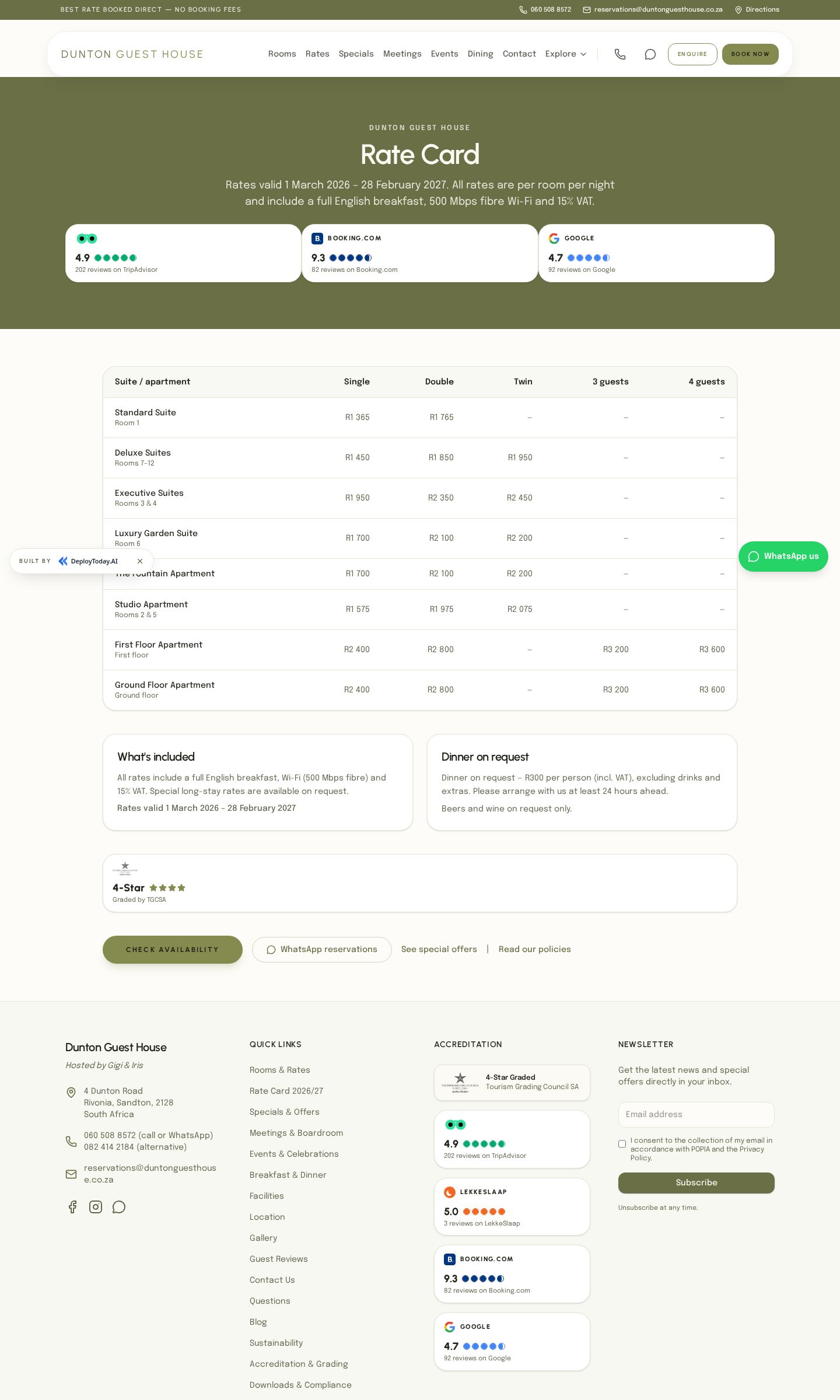The new rate card with validity dates and per-occupancy pricing